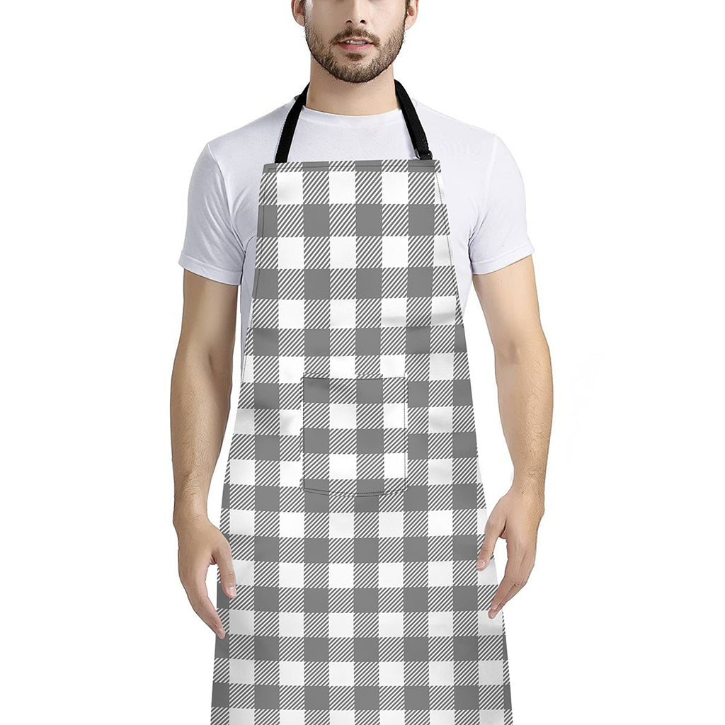 Grey And White Gingham Pattern Print Bib Apron With Pocket