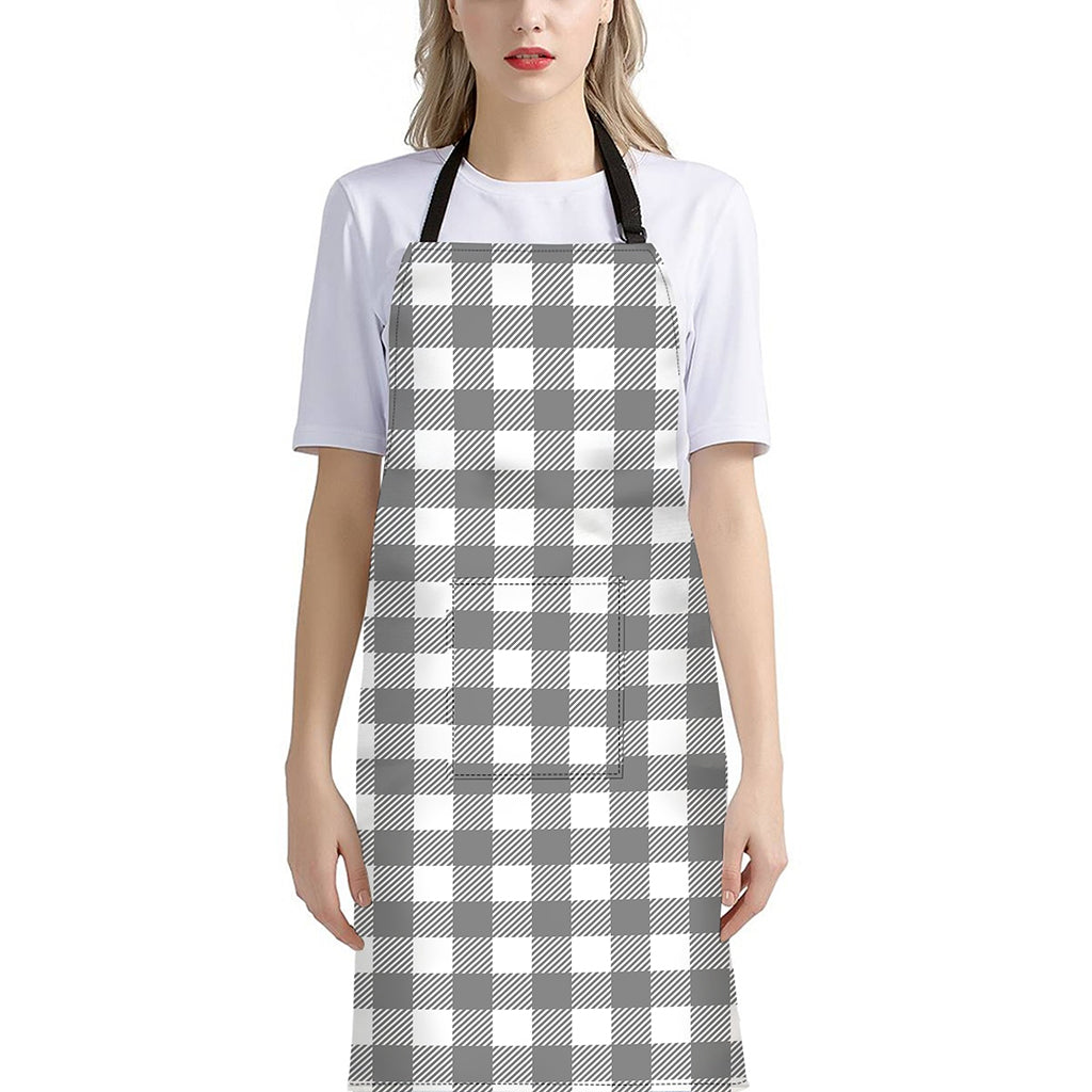 Grey And White Gingham Pattern Print Bib Apron With Pocket