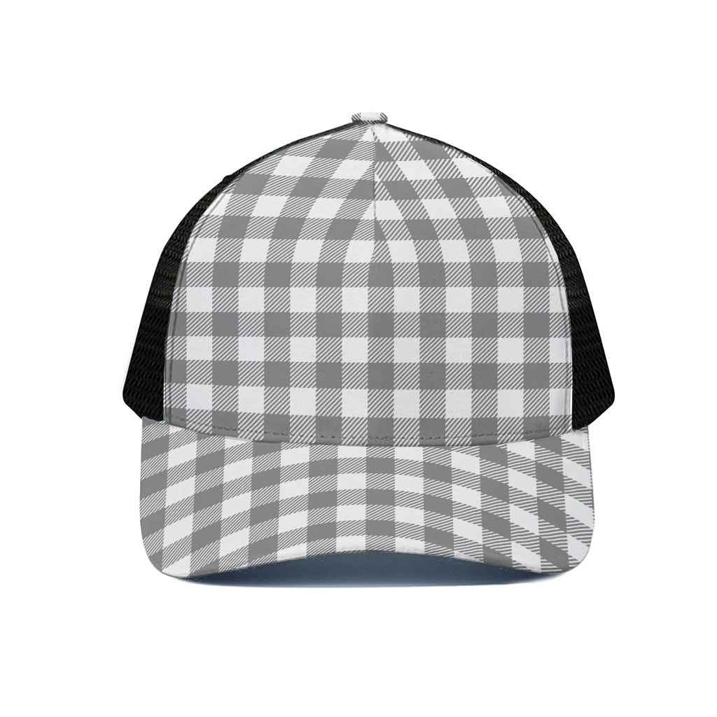 Grey And White Gingham Pattern Print Black Mesh Trucker Cap