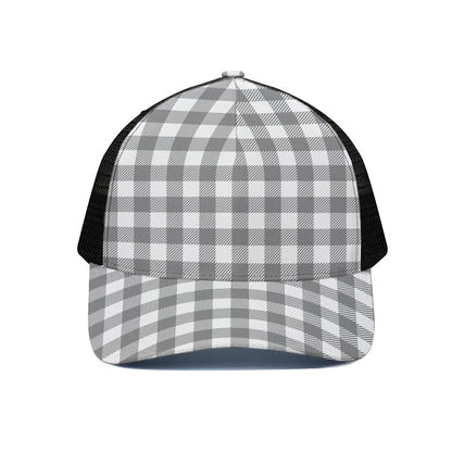 Grey And White Gingham Pattern Print Black Mesh Trucker Cap