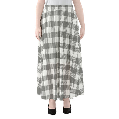 Grey And White Gingham Pattern Print Chiffon Maxi Skirt
