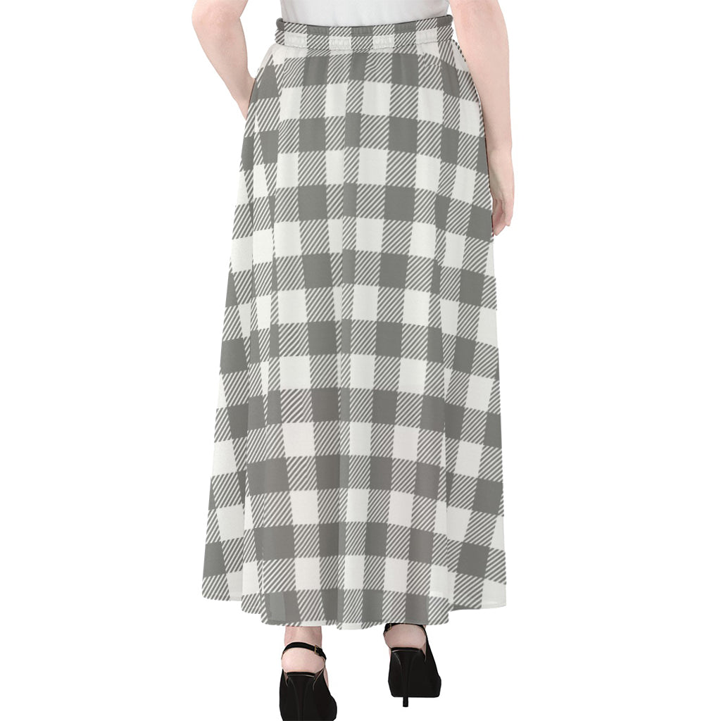Grey And White Gingham Pattern Print Chiffon Maxi Skirt