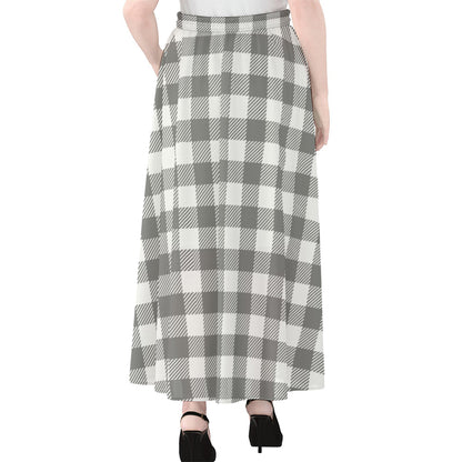 Grey And White Gingham Pattern Print Chiffon Maxi Skirt