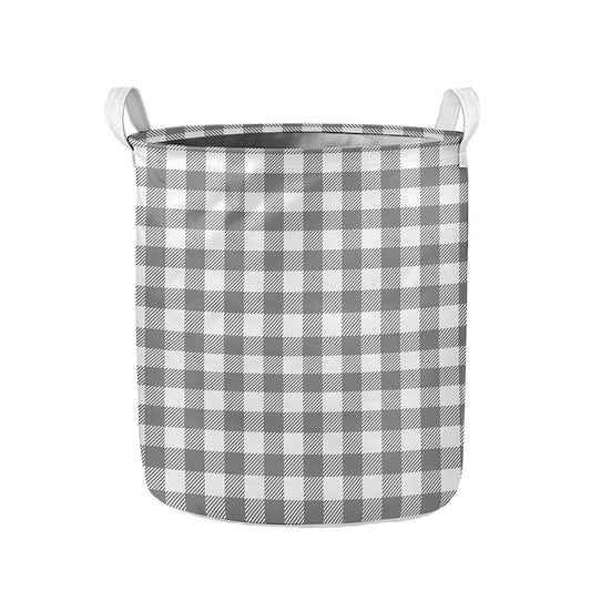 Grey And White Gingham Pattern Print Collapsible Laundry Basket