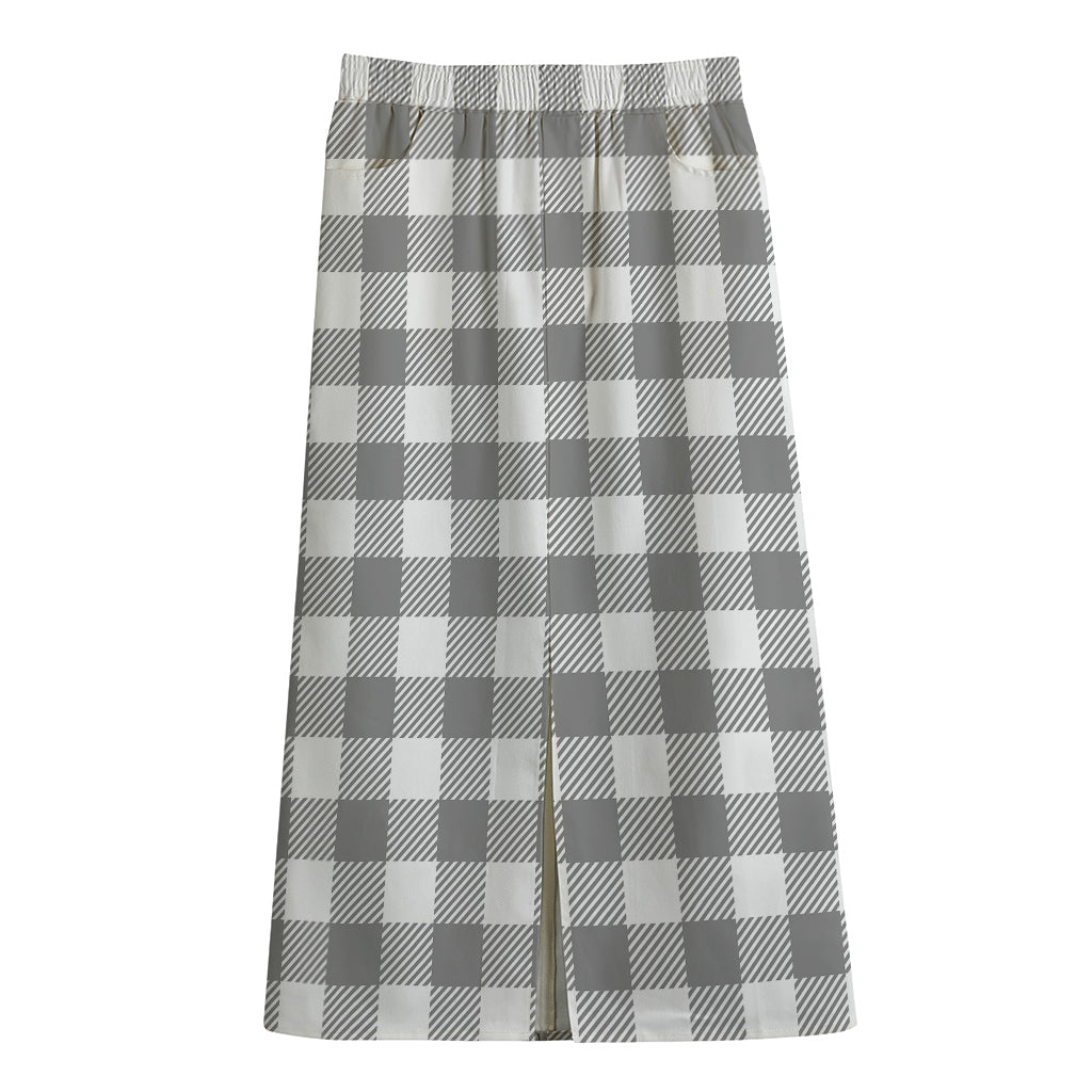 Grey And White Gingham Pattern Print Cotton Front Slit Maxi Skirt