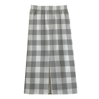 Grey And White Gingham Pattern Print Cotton Front Slit Maxi Skirt