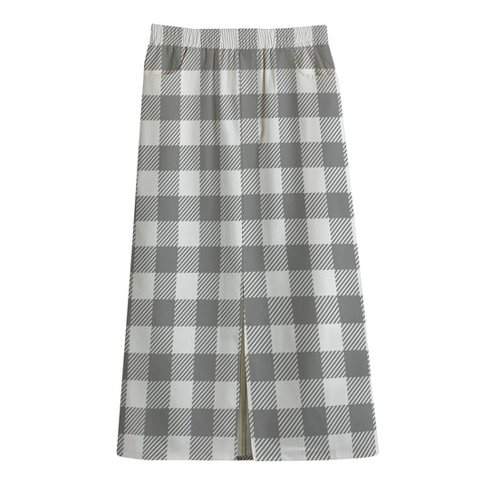 Grey And White Gingham Pattern Print Cotton Front Slit Maxi Skirt