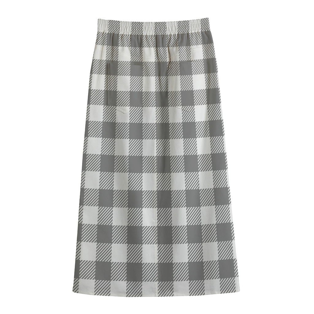 Grey And White Gingham Pattern Print Cotton Front Slit Maxi Skirt