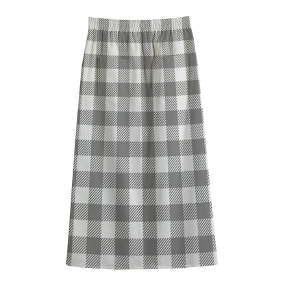 Grey And White Gingham Pattern Print Cotton Front Slit Maxi Skirt