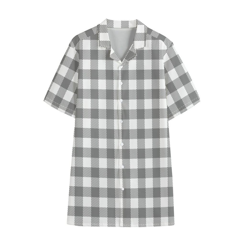Grey And White Gingham Pattern Print Cotton Hawaiian Shirt