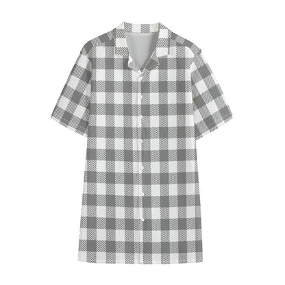 Grey And White Gingham Pattern Print Cotton Hawaiian Shirt