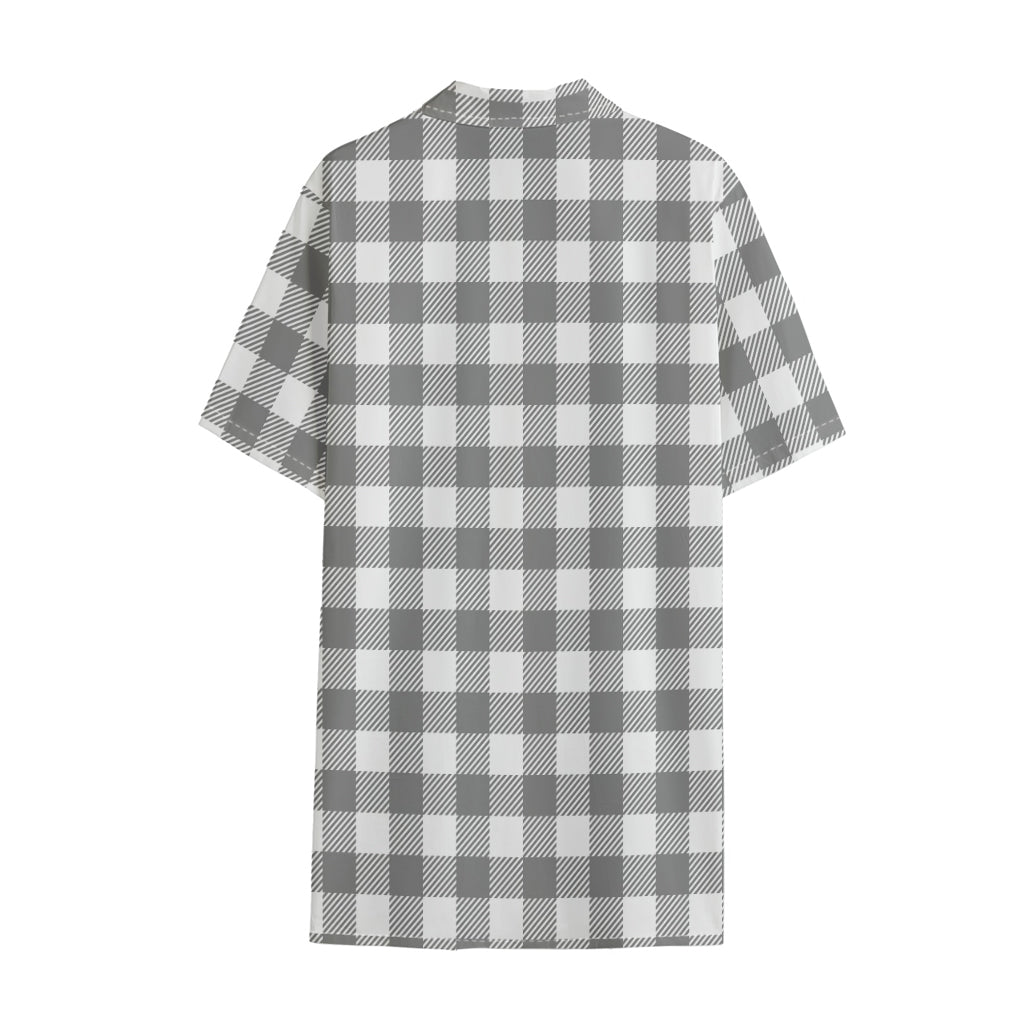 Grey And White Gingham Pattern Print Cotton Hawaiian Shirt