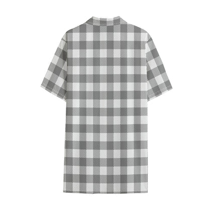 Grey And White Gingham Pattern Print Cotton Hawaiian Shirt