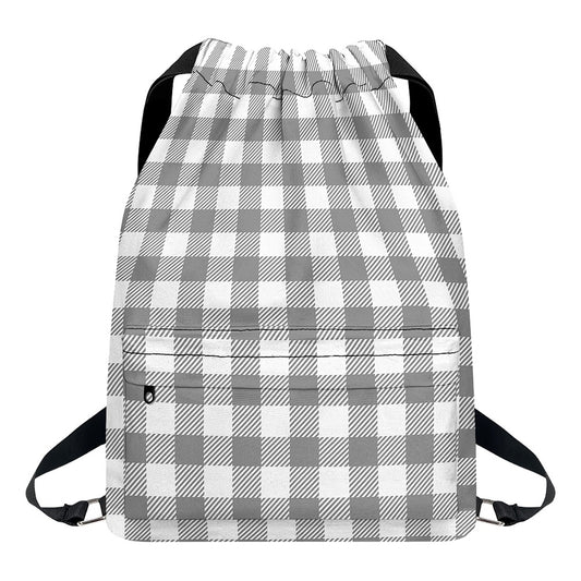 Grey And White Gingham Pattern Print Drawstring Backpack