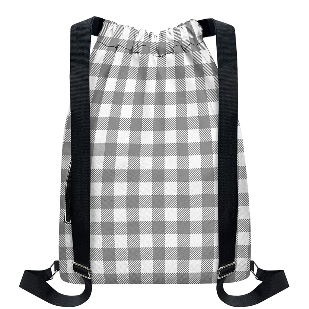 Grey And White Gingham Pattern Print Drawstring Backpack