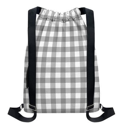 Grey And White Gingham Pattern Print Drawstring Backpack