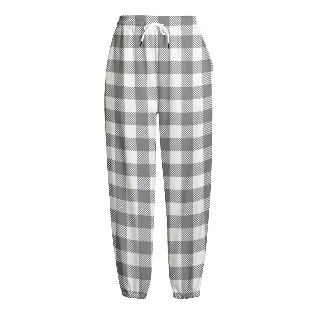 Grey And White Gingham Pattern Print Fleece Lined Knit Pants
