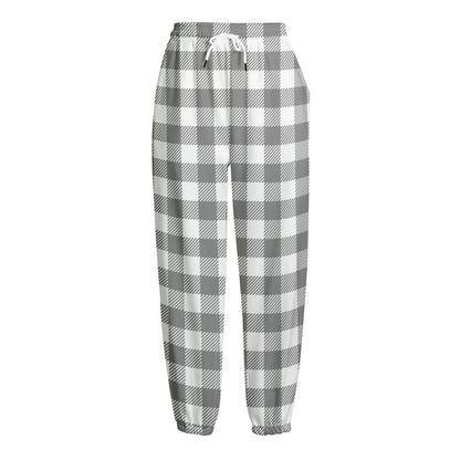 Grey And White Gingham Pattern Print Fleece Lined Knit Pants