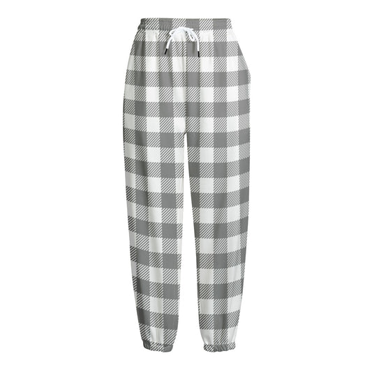 Grey And White Gingham Pattern Print Fleece Lined Knit Pants