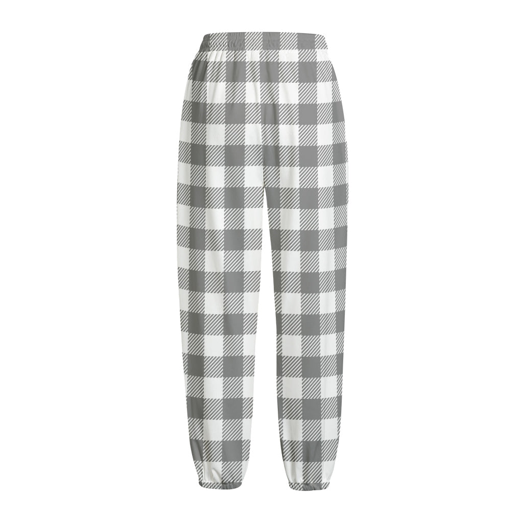 Grey And White Gingham Pattern Print Fleece Lined Knit Pants