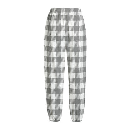 Grey And White Gingham Pattern Print Fleece Lined Knit Pants