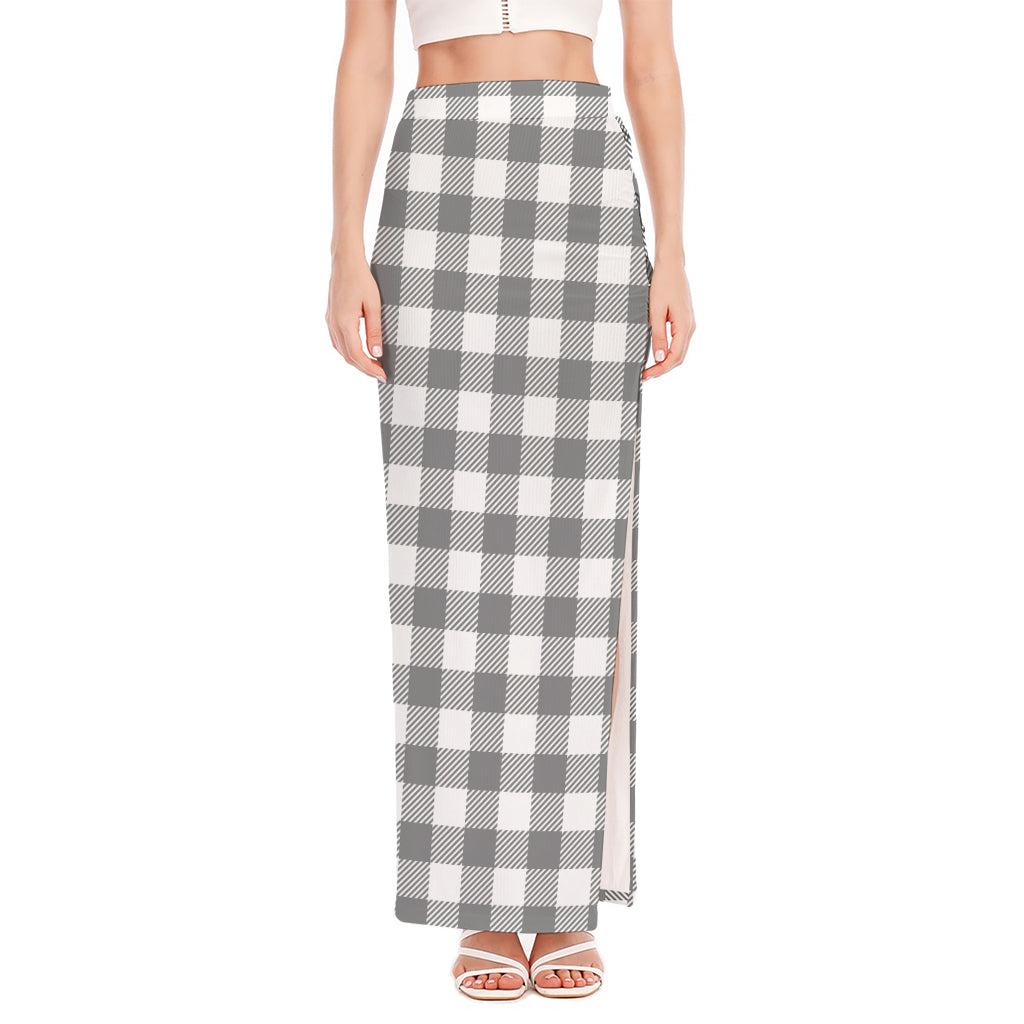 Grey And White Gingham Pattern Print High Slit Maxi Skirt