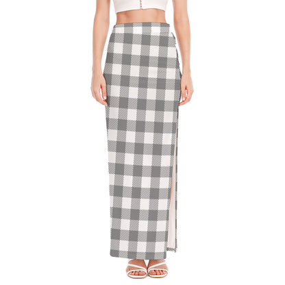 Grey And White Gingham Pattern Print High Slit Maxi Skirt