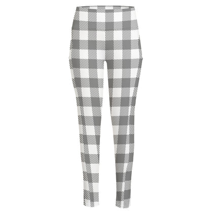 Grey And White Gingham Pattern Print High-Waisted Pocket Leggings