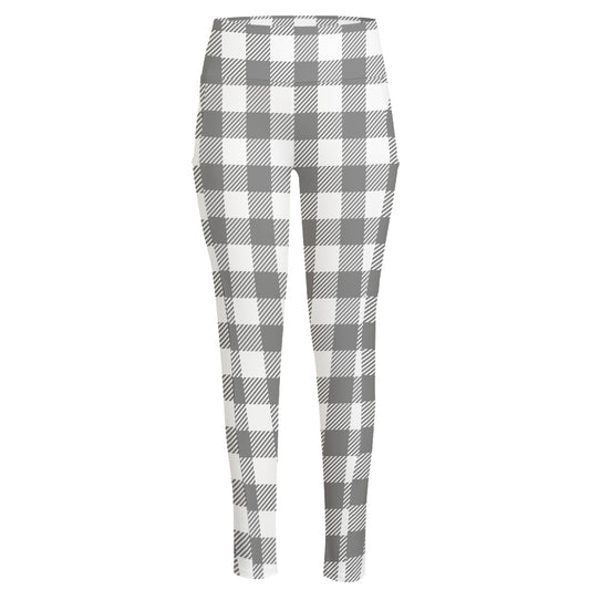 Grey And White Gingham Pattern Print High-Waisted Pocket Leggings