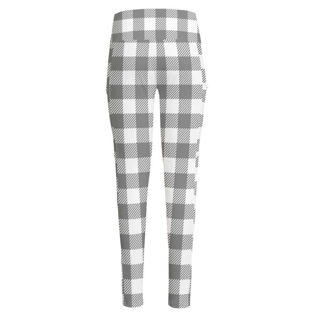 Grey And White Gingham Pattern Print High-Waisted Pocket Leggings