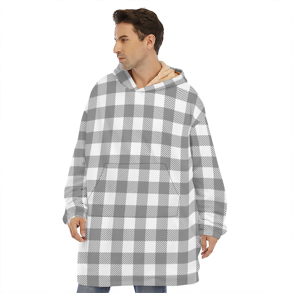 Grey And White Gingham Pattern Print Hoodie Blanket