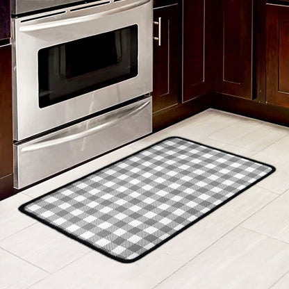 Grey And White Gingham Pattern Print Kitchen Mat