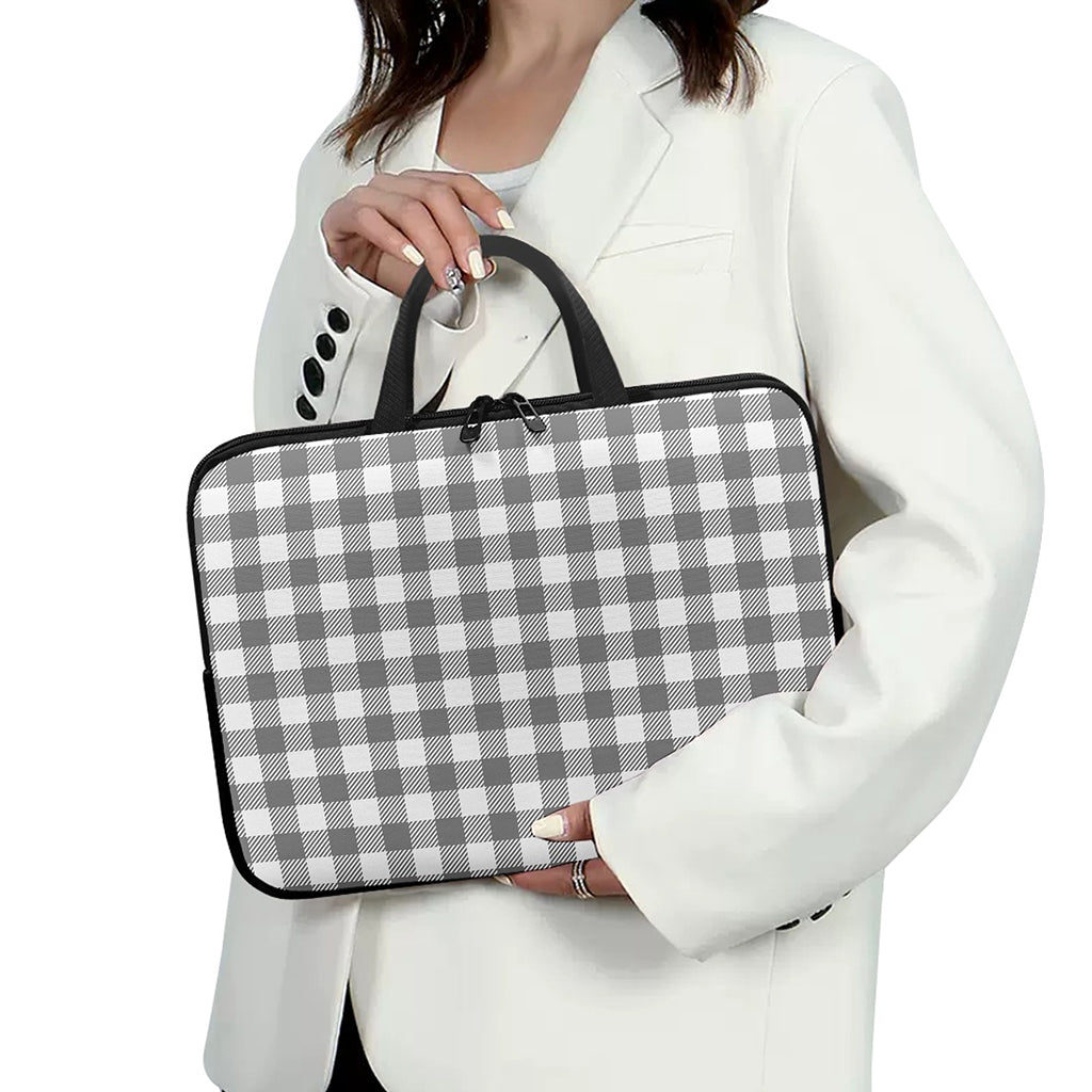 Grey And White Gingham Pattern Print Laptop Sleeve With Handle