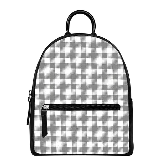 Grey And White Gingham Pattern Print Leather Backpack