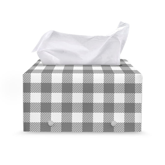 Grey And White Gingham Pattern Print Leather Tissue Box Cover
