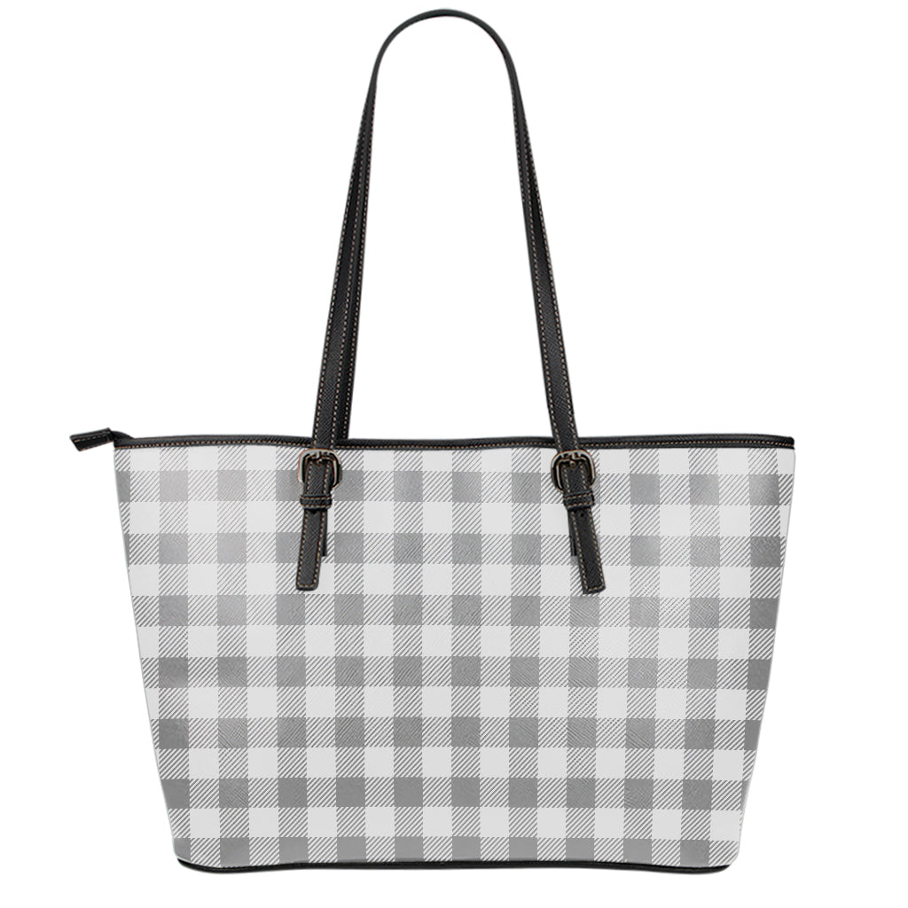 Grey And White Gingham Pattern Print Leather Tote Bag