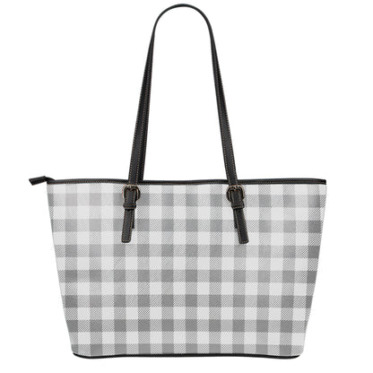 Grey And White Gingham Pattern Print Leather Tote Bag