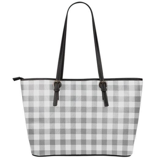 Grey And White Gingham Pattern Print Leather Tote Bag