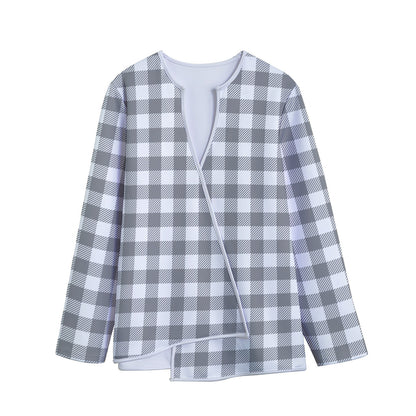 Grey And White Gingham Pattern Print Long Sleeve Short Coat