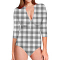 Grey And White Gingham Pattern Print Long Sleeve Swimsuit
