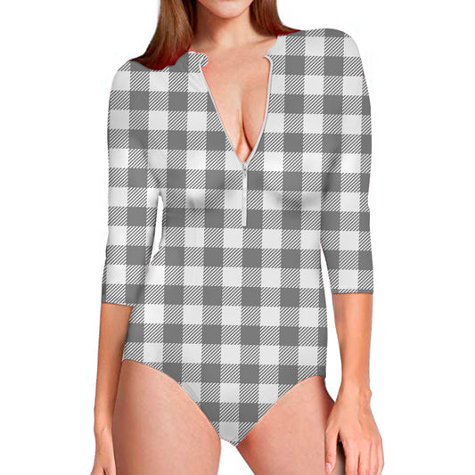 Grey And White Gingham Pattern Print Long Sleeve Swimsuit