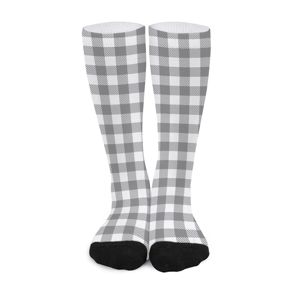 Grey And White Gingham Pattern Print Long Socks