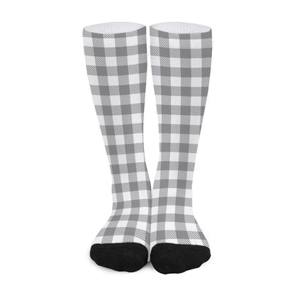 Grey And White Gingham Pattern Print Long Socks