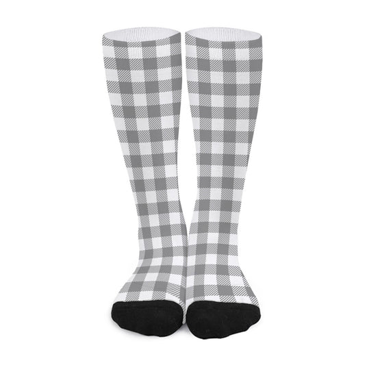 Grey And White Gingham Pattern Print Long Socks