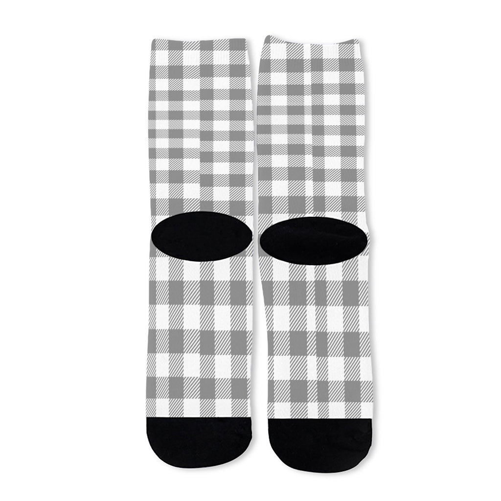 Grey And White Gingham Pattern Print Long Socks