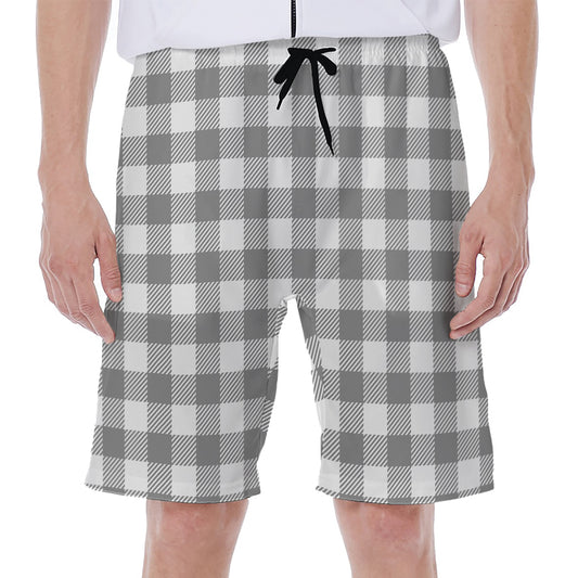Grey And White Gingham Pattern Print Men's Beach Shorts