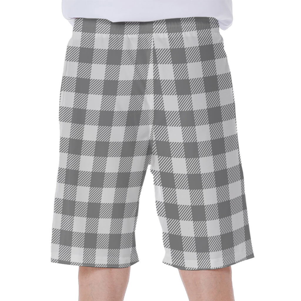 Grey And White Gingham Pattern Print Men's Beach Shorts
