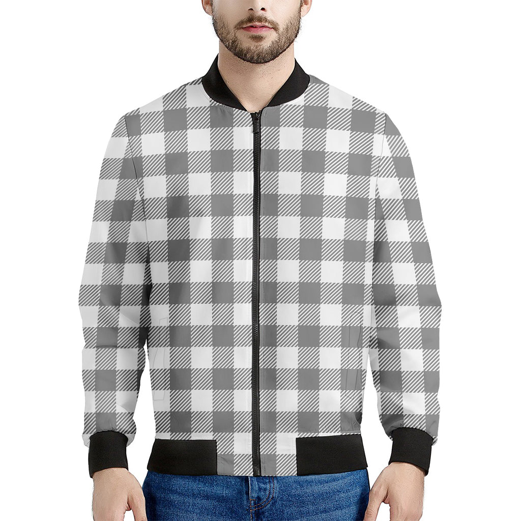Grey And White Gingham Pattern Print Men's Bomber Jacket