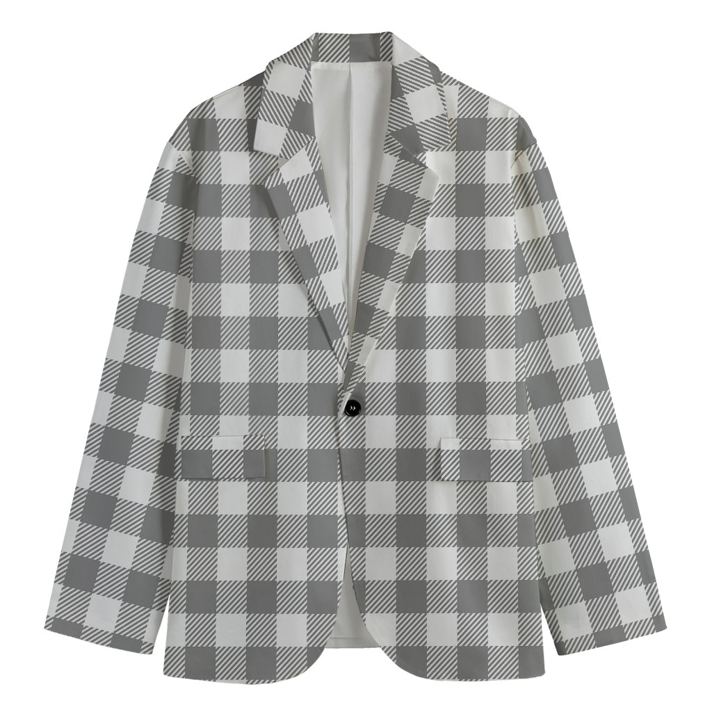 Grey And White Gingham Pattern Print Men's Cotton Blazer