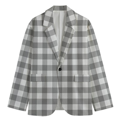 Grey And White Gingham Pattern Print Men's Cotton Blazer